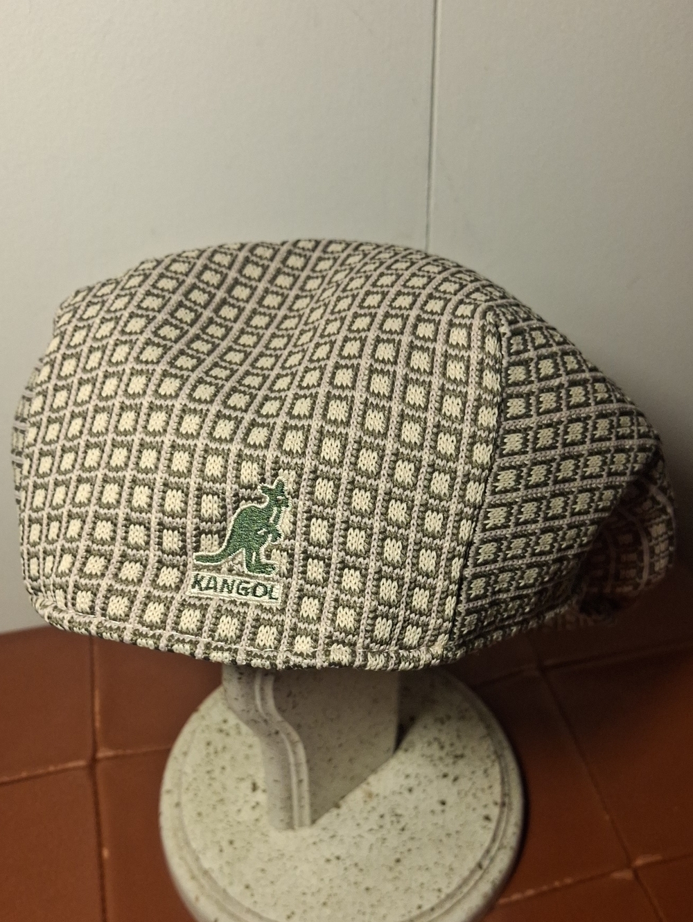 Kangol Tan & Black Geometric Knit Flat Cap with Green Logo